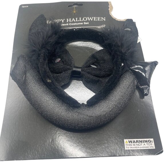 happy Halloween devil costume set black head band tail bow tie READ NEW - Picture 1 of 5